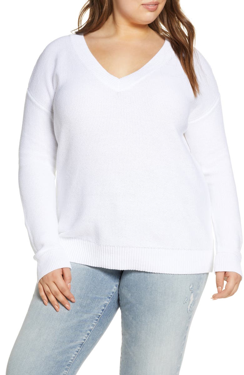 Caslon<sup>®</sup> V-Neck Cotton Piqué Sweater, Main, color, 