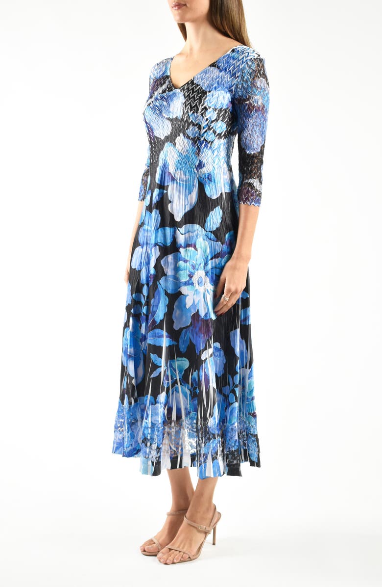 Komarov Lace Sleeve Charmeuse & Chiffon Cocktail Dress, Alternate, color, Cyan Blooms