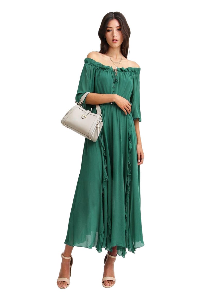 Amour Amour Ruffled Midi Dress, Alternate, color, Dark Green