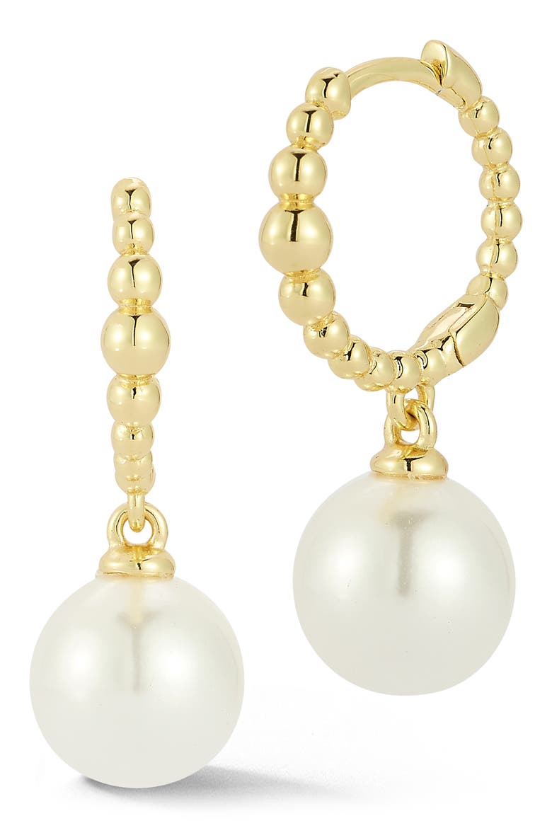 Cultured Pearl Drop Huggie Hoop Earrings, Main, color, GOLD