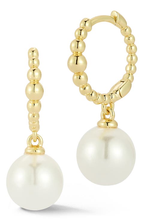 Cultured Pearl Drop Huggie Hoop Earrings