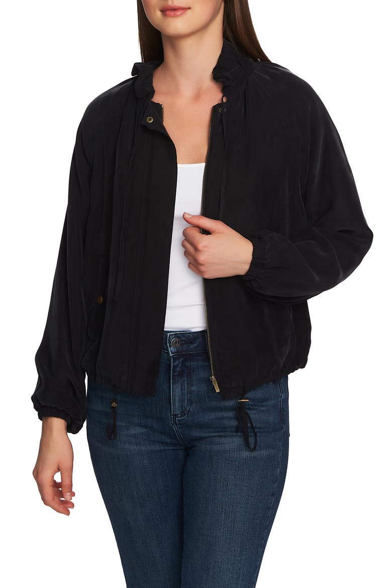 Ruffle Neck Bomber Jacket, Main, color, RICH BLACK