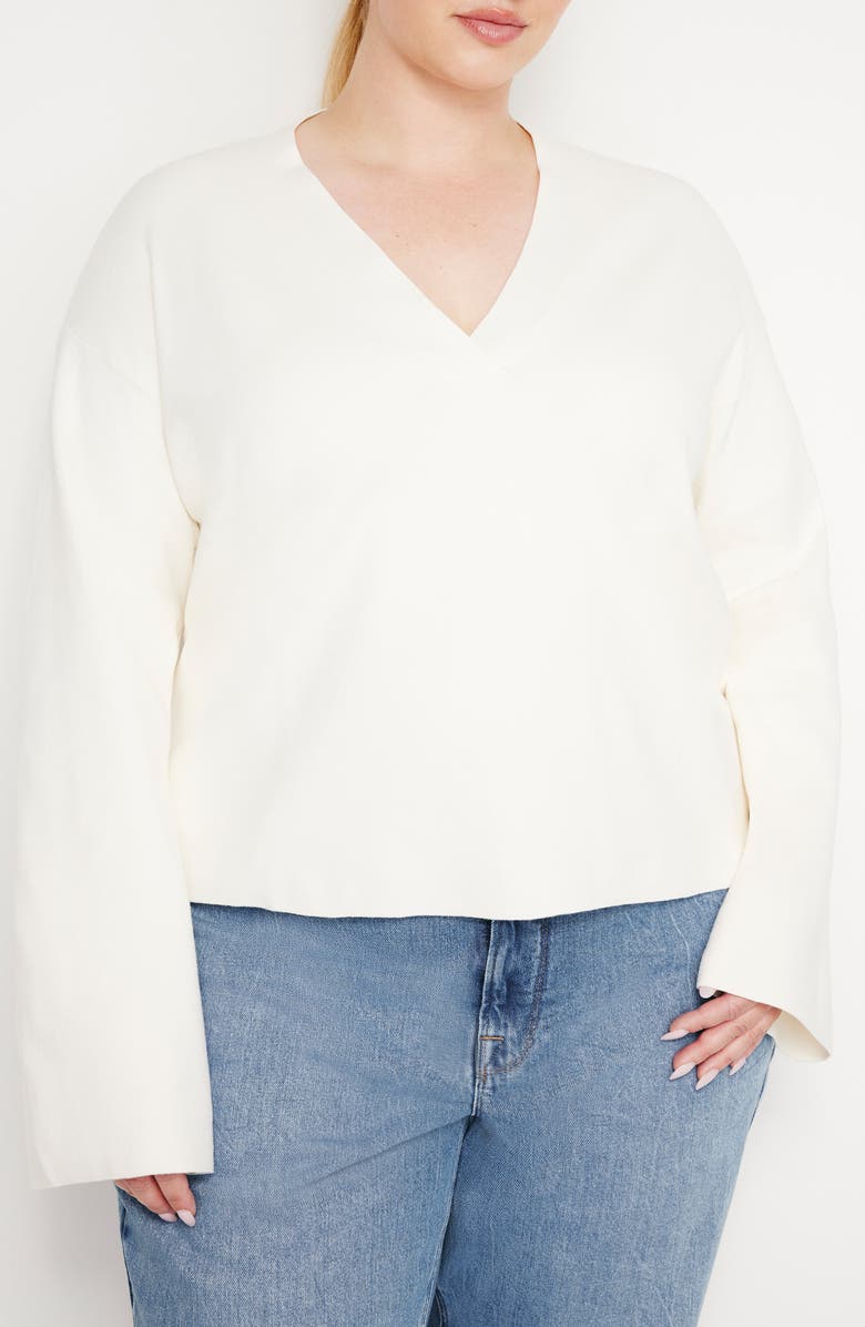 Good American V-Neck Boxy Cotton Blend Sweater, Alternate, color, Ivory