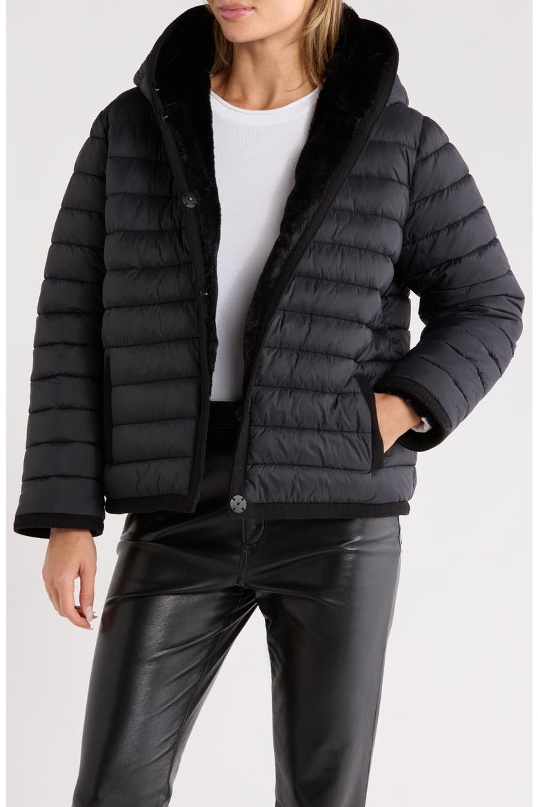 Reversible Faux Fur Hooded Puffer Jacket, Alternate, color, BLACK