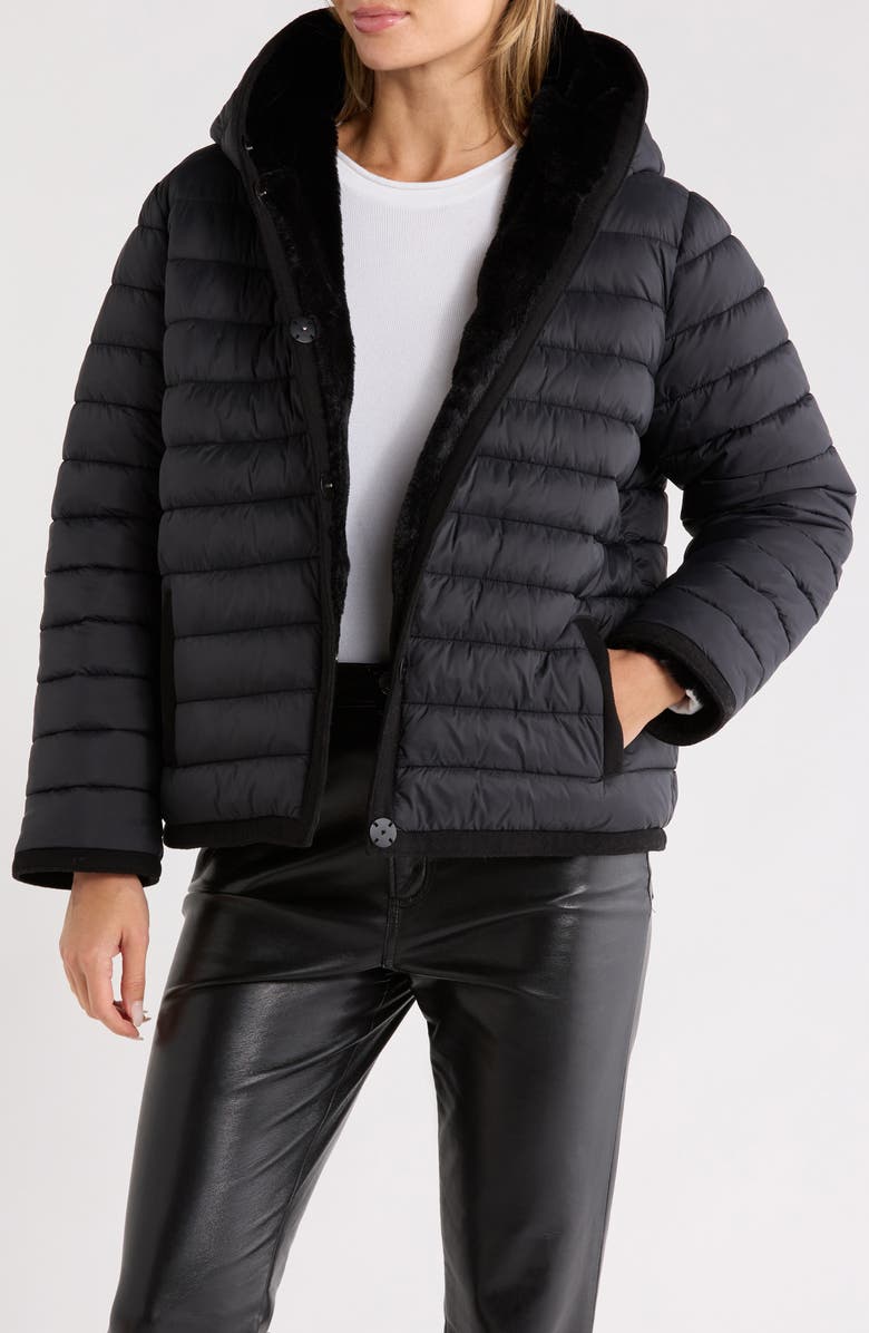 Rebecca Minkoff Reversible Faux Fur Hooded Puffer Jacket, Alternate, color, Black