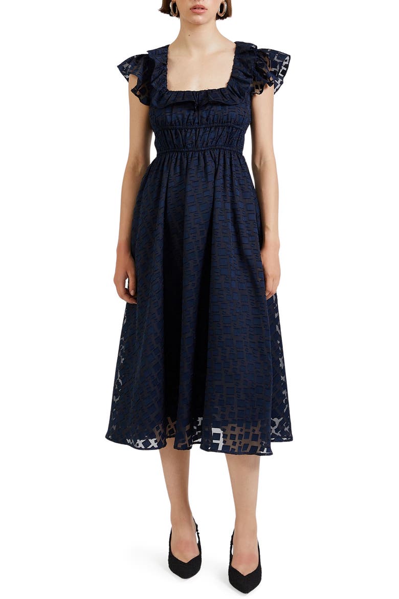 Bowie Ruffle Burnout Organza Midi Dress, Main, color, NAVY
