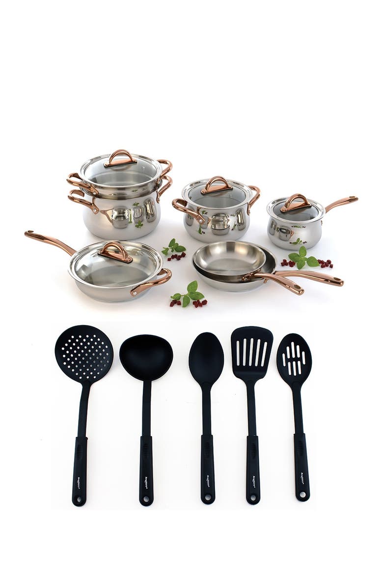 BergHOFF Ouro Gold 17-Piece Set with Glass Lids, Main, color, Silver/Rose Gold/Black