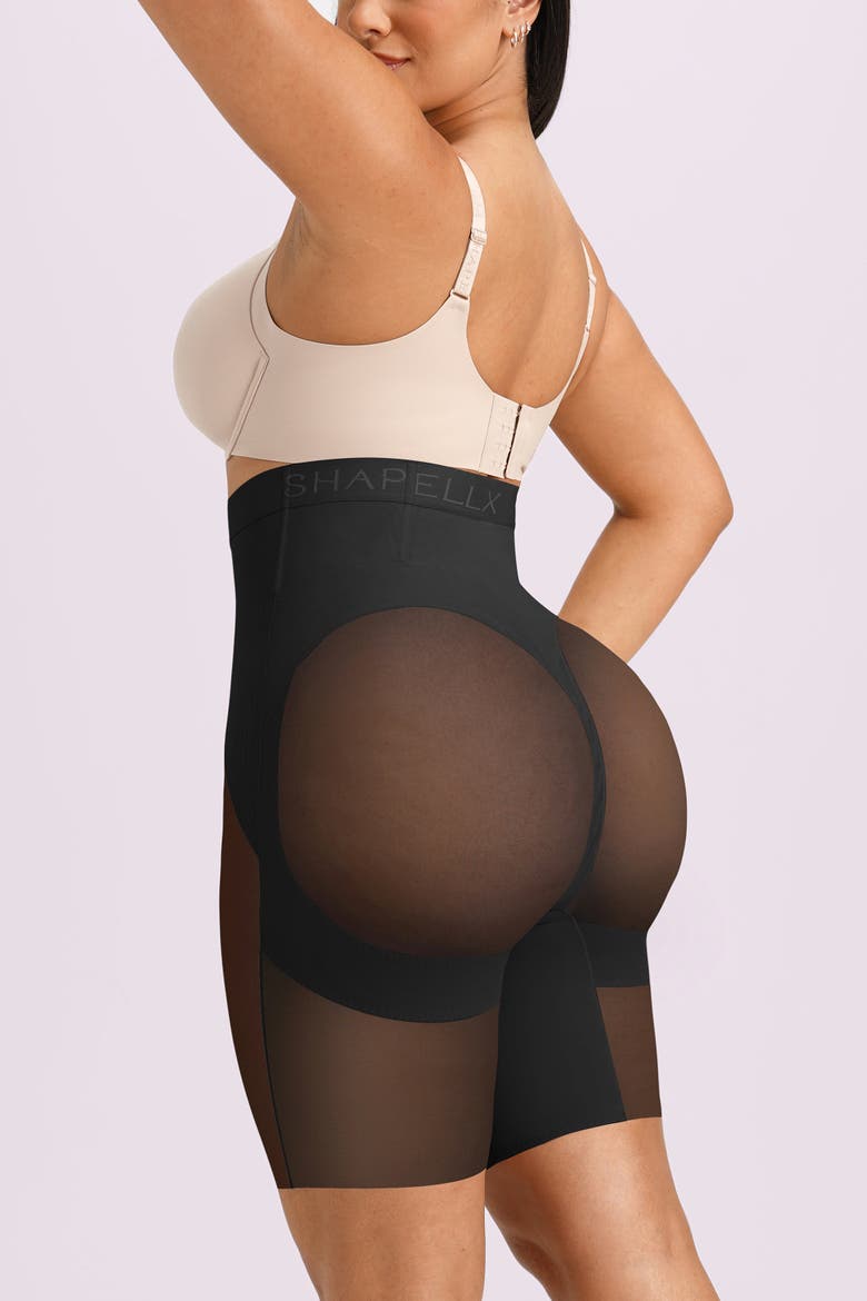 High Waist Tummy Control Butt-Lifting Mesh Shaping Short, Alternate, color, Black