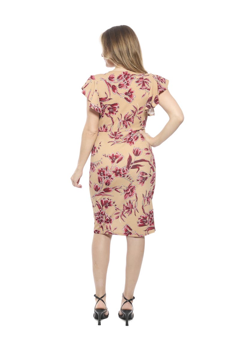 Womens Essential Flutter Sleeve Faux Wrap Knee Length Dress, Alternate, color, Beige Multi