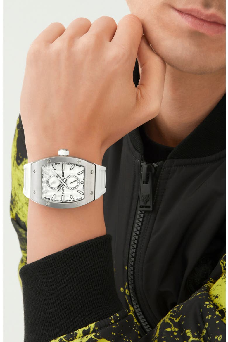 Stormbreaker Three Hand Quartz Silicone Strap Watch, 43mmx 52mm, Alternate, color, WHITE/ STAINLESS STEEL/ WHITE