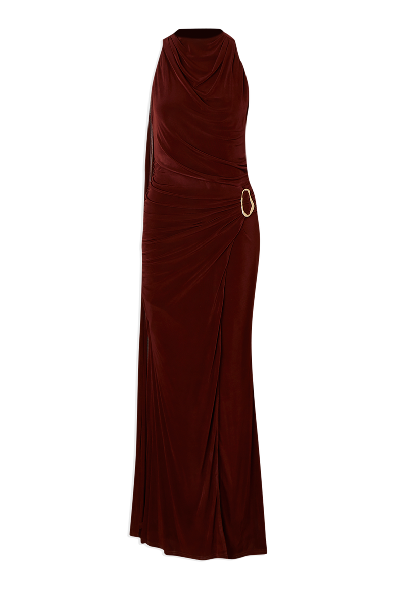 Slinky Crepe High Neck Maxi Dress, Alternate, color, Chocolate