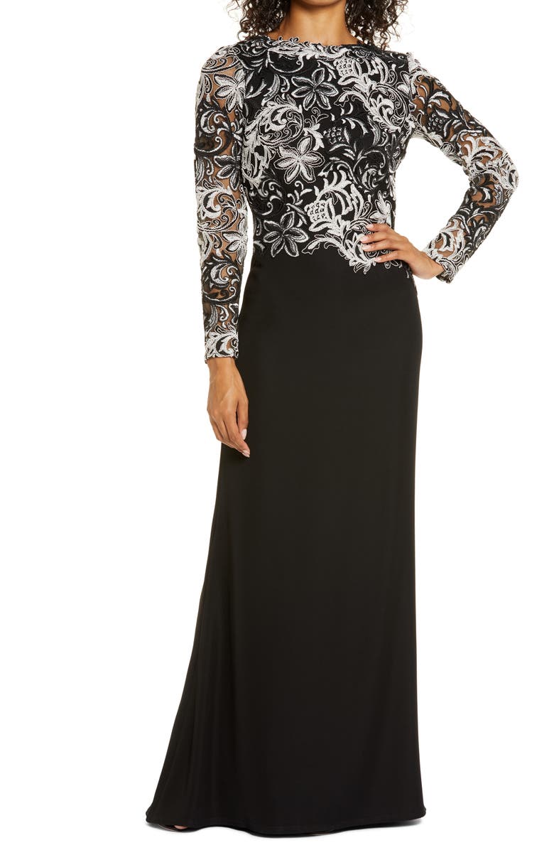 Tadashi Shoji Embroidered Long Sleeve Crepe Trumpet Gown, Main, color, 