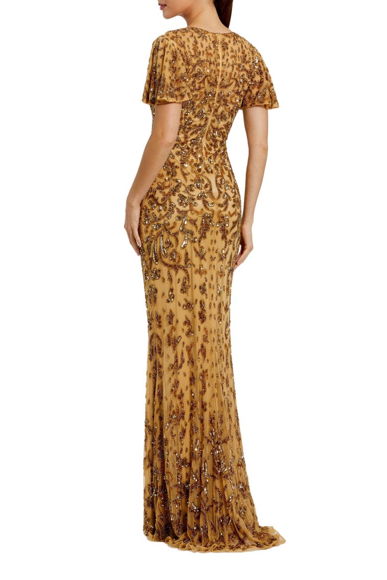 Women's Embellished High Neck Flutter Sleeve Gown, Alternate, color, Nude Gold