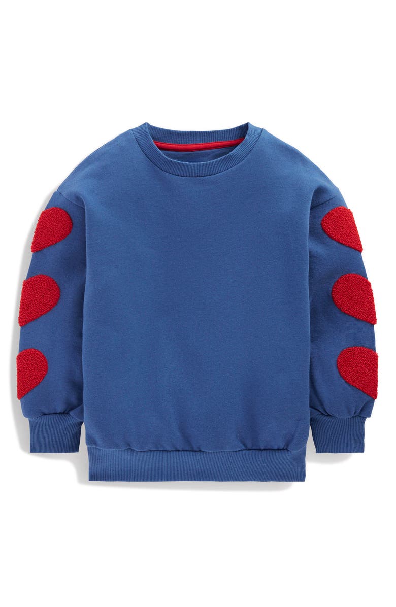 Mini Boden Kids' Bouclé Hearts Cotton Sweatshirt, Main, color, Bluejay Hearts