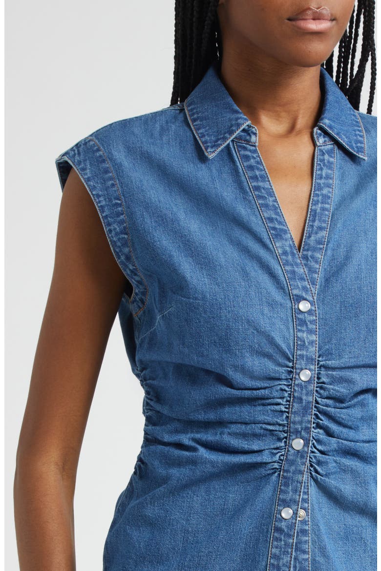 Sera Center Ruched Sleeveless Denim Button-Up Shirt, Alternate, color, SERENDIPITY