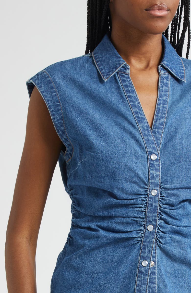 Veronica Beard Sera Center Ruched Sleeveless Denim Button-Up Shirt, Alternate, color, Serendipity