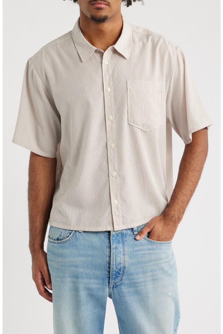 Banquet Stripe Short Sleeve Button-Up Shirt, Main, color, CREAM STRIPE