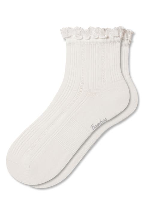Lace Trim Cushioned Cotton Blend Rib Quarter Socks