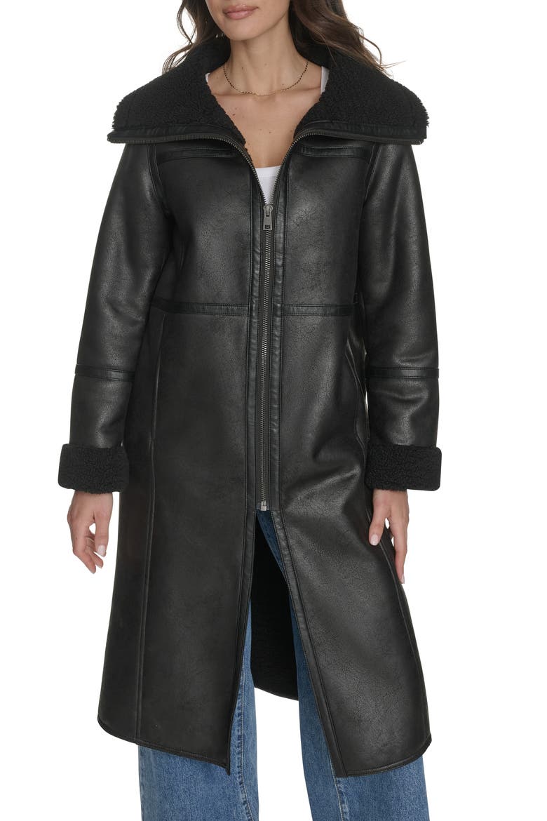 Faux Shearling Coat, Alternate, color, BLACK