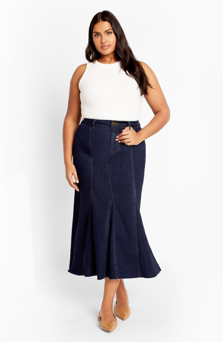 City Chic Laylo Denim Midi Skirt, Alternate, color, Dark Wash
