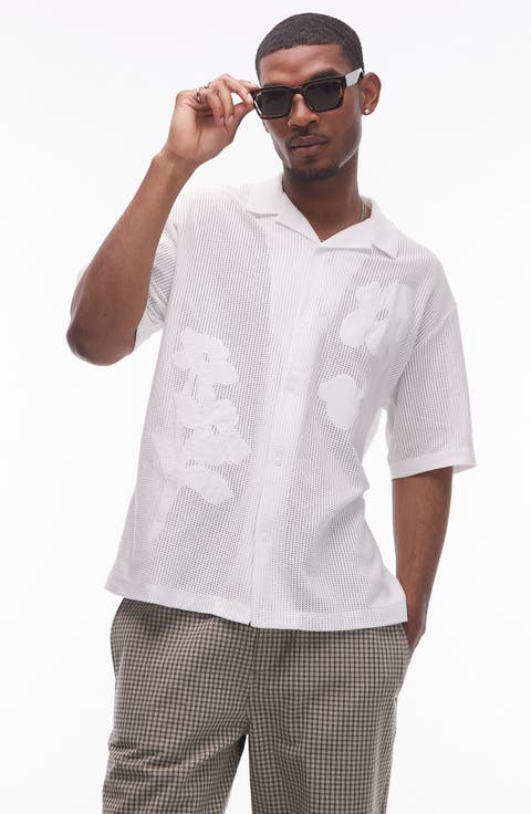 Floral Appliqué Mesh Camp Shirt