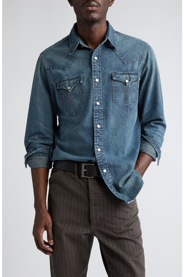 Buffalo West Slim Fit Denim Western Snap-Up Shirt, Main, color, DARK WASH