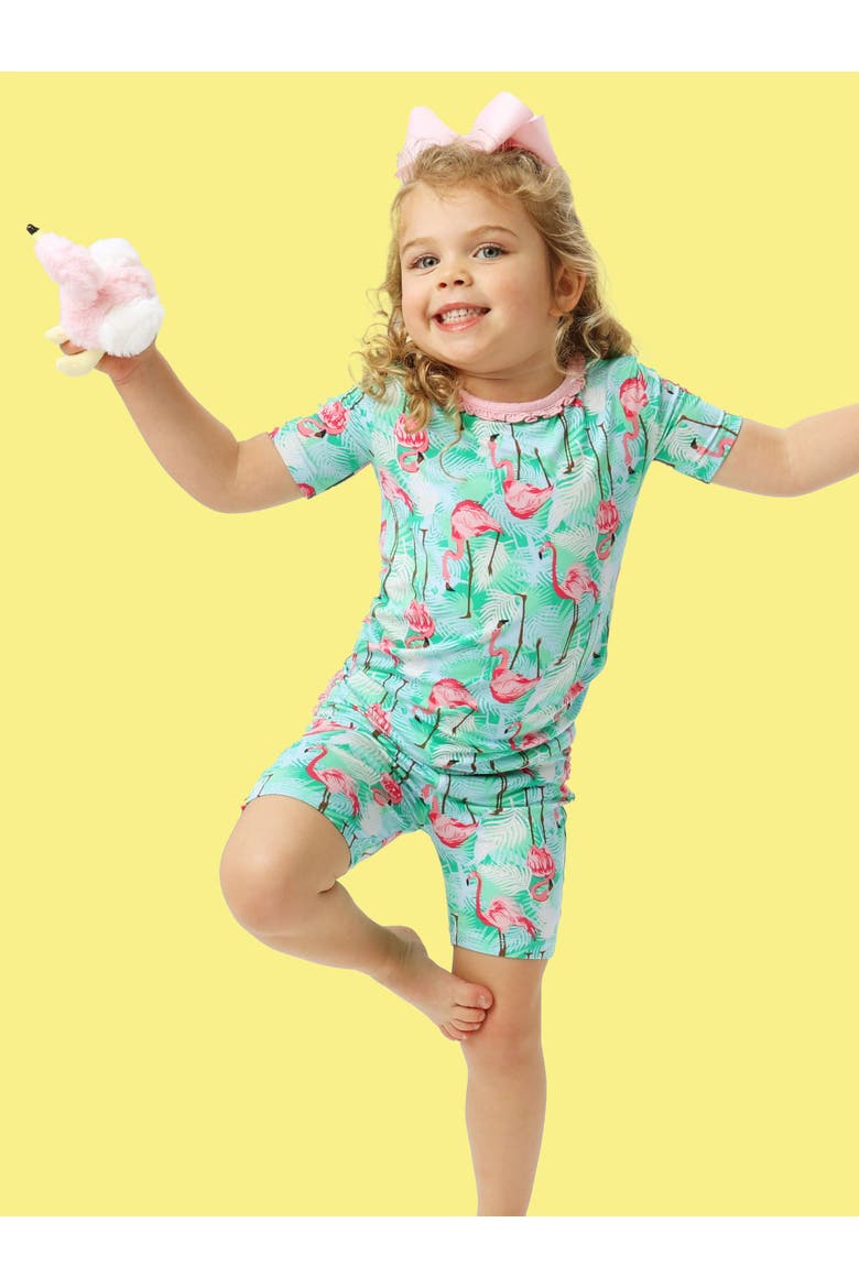 Ruffle Short Sleeve Pajama Set, Alternate, color, Green Vibrant Flamingo