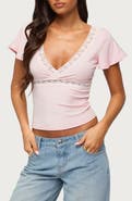 EDIKTED Yvetta Lacey Plunge Neck Lace Trim Sleeve Top