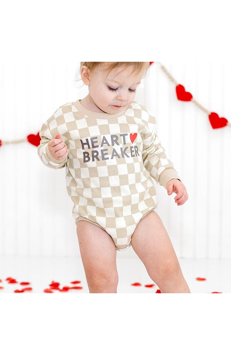 Sweet Wink Heartbreaker Checkered Valentine
s Day Long Sleeve Romper, Alternate, color, Natural