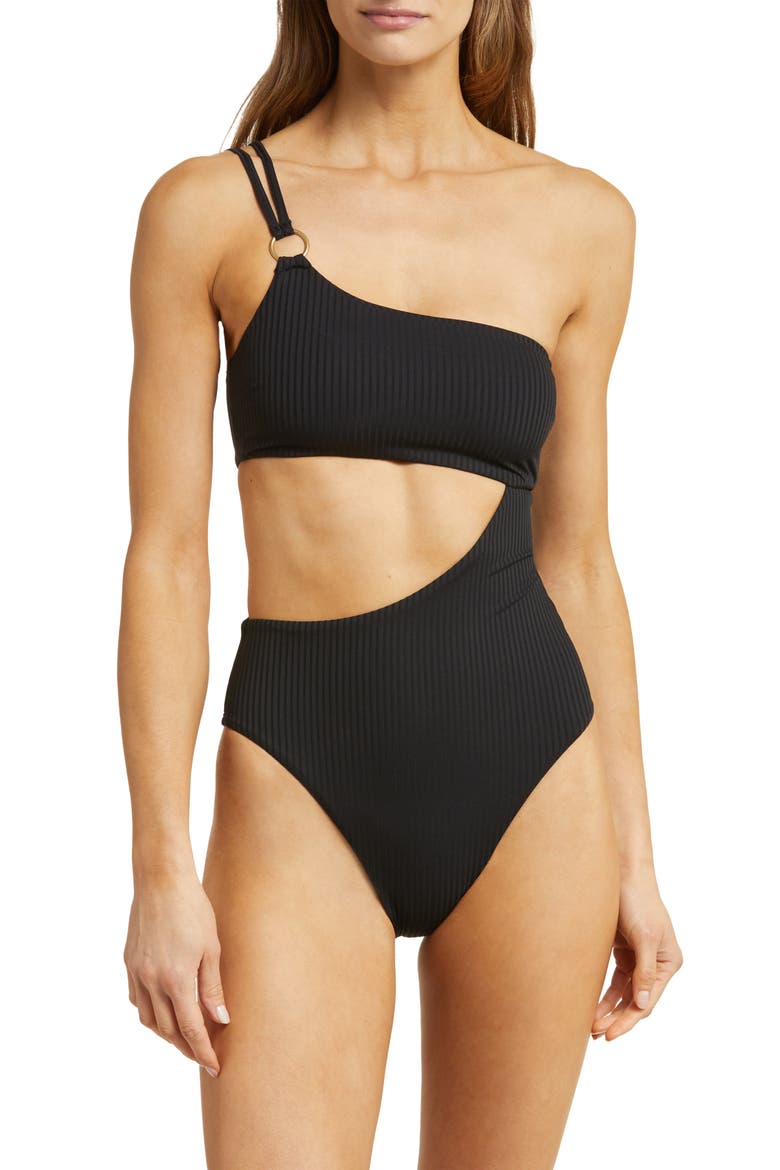 Cosmo Cutout One-Shoulder Rib One-Piece Swimsuit, Main, color, BLACK ECORIB