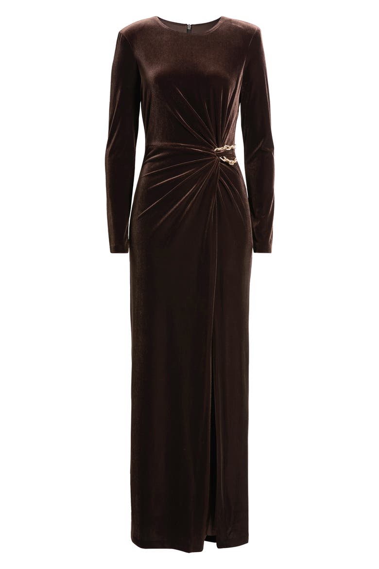 Ruched Long Sleeve Velvet Gown, Main, color, CHOCOLATE