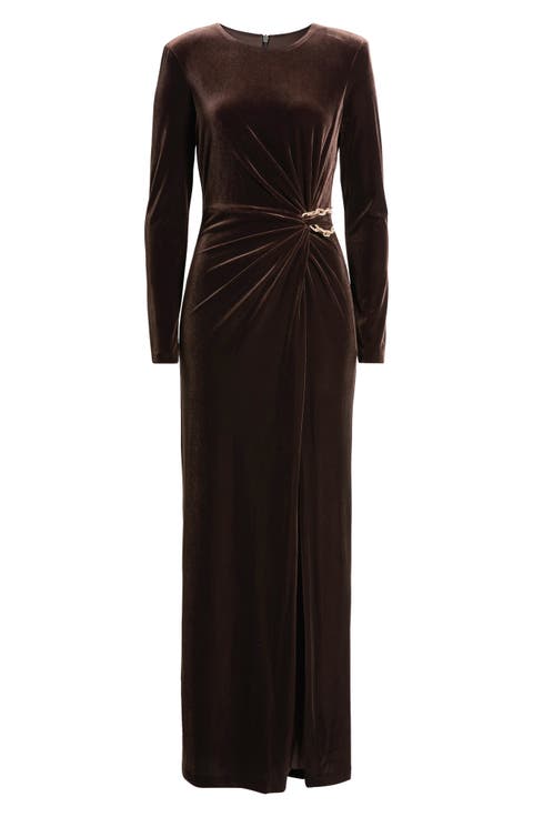 Ruched Long Sleeve Velvet Gown