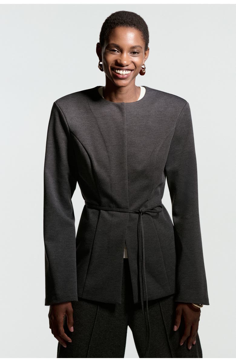 H&M Belted Ponte Di Roma Blazer, Alternate, color, Dark Gray Melange