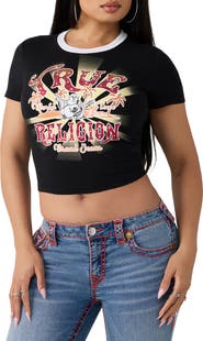 True Religion Rhinestone Heritage Graphic Ringer Baby Tee