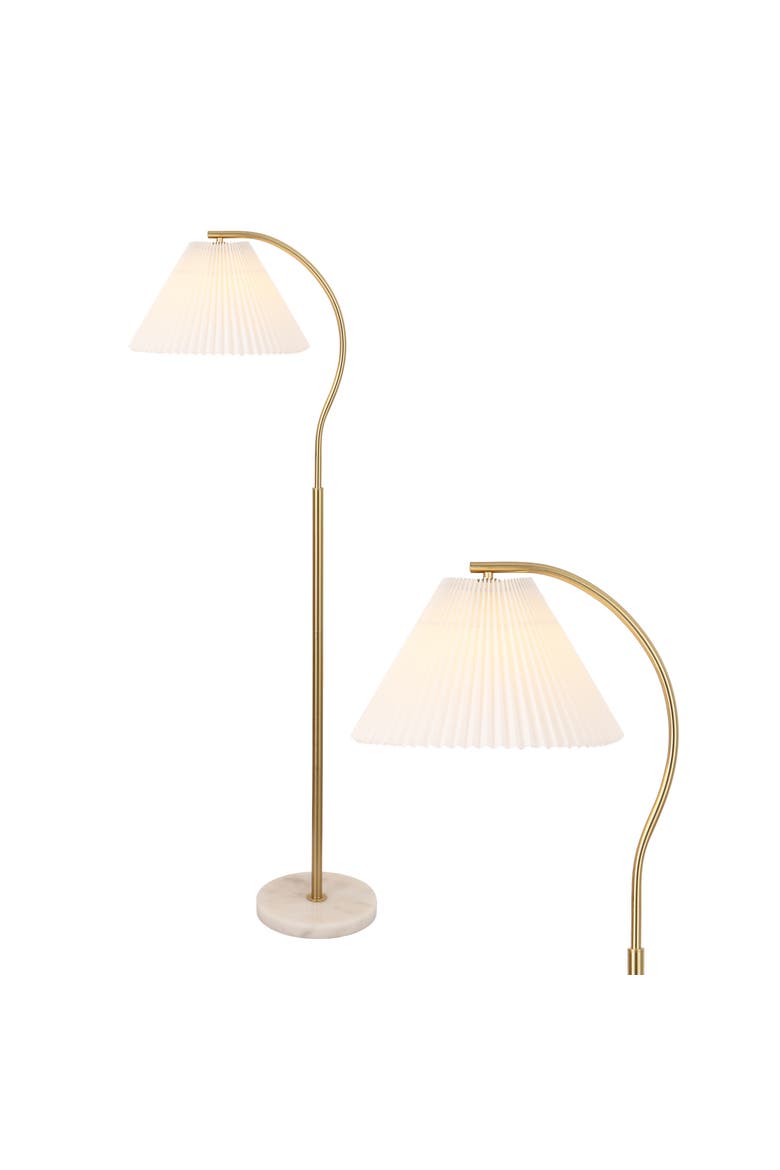 Devon Modern Glam Metal Arc LED Floor Lamp with Pleated Shade, Main, color, Brass Gold/Marble