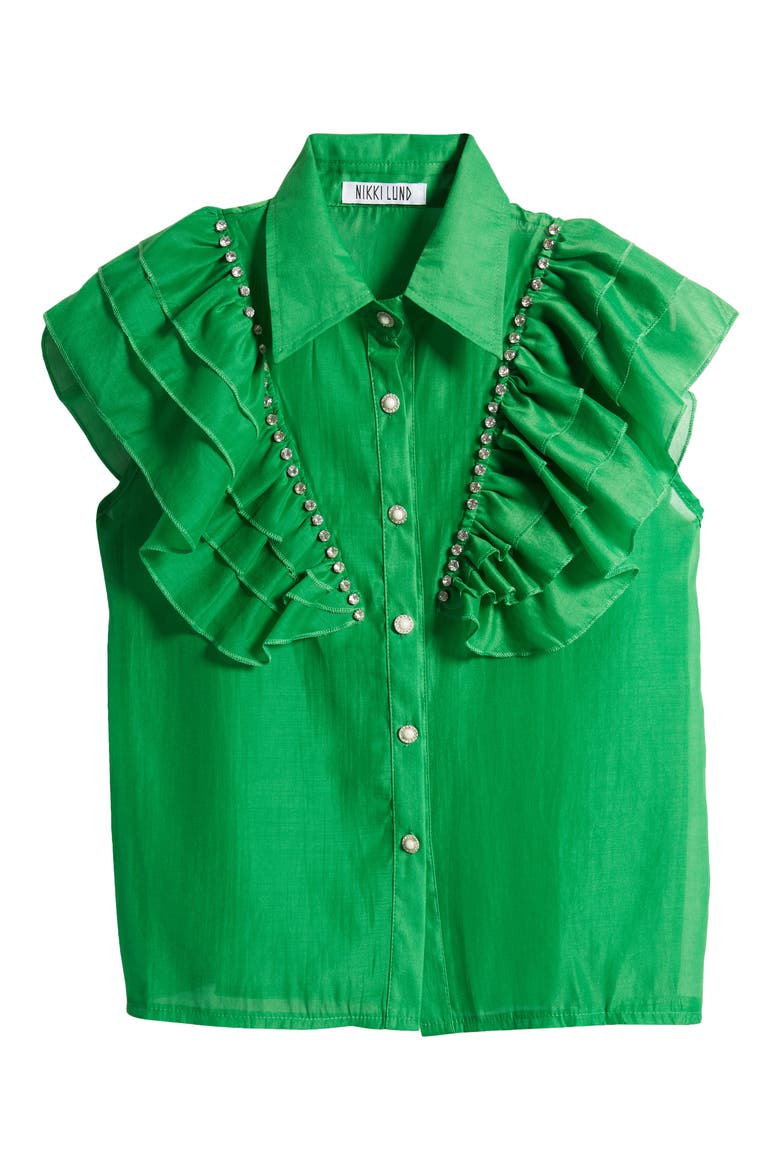 Holly Rhinestone Ruffle Button-Up Blouse, Alternate, color, BRIGHT GREEN
