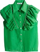 NIKKI LUND Holly Rhinestone Ruffle Button-Up Blouse