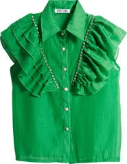 NIKKI LUND Holly Rhinestone Ruffle Button-Up Blouse