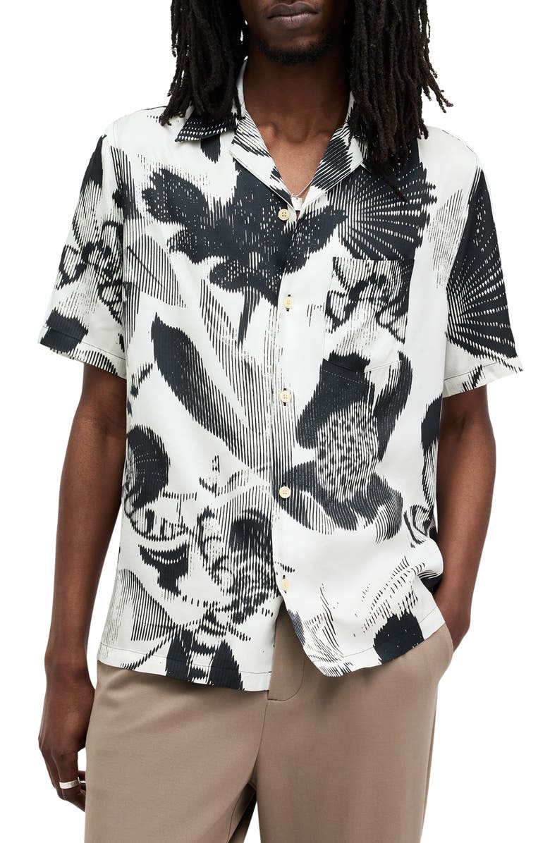AllSaints Frequency Floral Short Sleeve Button-Up Camp Shirt, Main, color, Off White