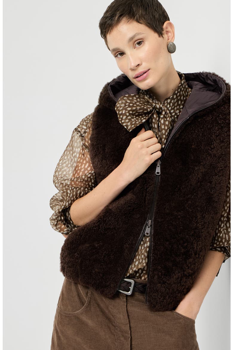 Cashmere shearling reversible hooded vest with precious trim, Alternate, color, Brown