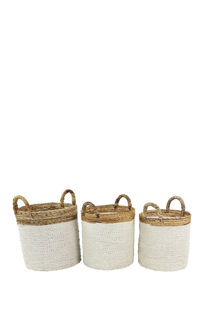 GINGER BIRCH STUDIO White Seagrass Handmade Two-Tone Storage Basket with Handles - Set of 3, Main, color,