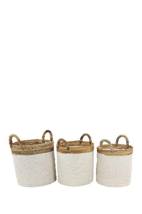 White Seagrass Handmade Two-Tone Storage Basket with Handles - Set of 3