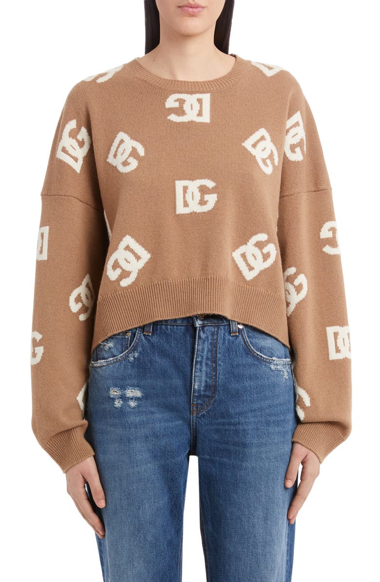 Dolce&Gabbana DG Logo Virgin Wool Crop Sweater, Main, color,