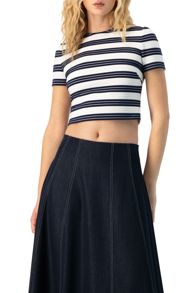 Striped Short Sleeve Round Neck Crop Top, Main, color, Navy Blue