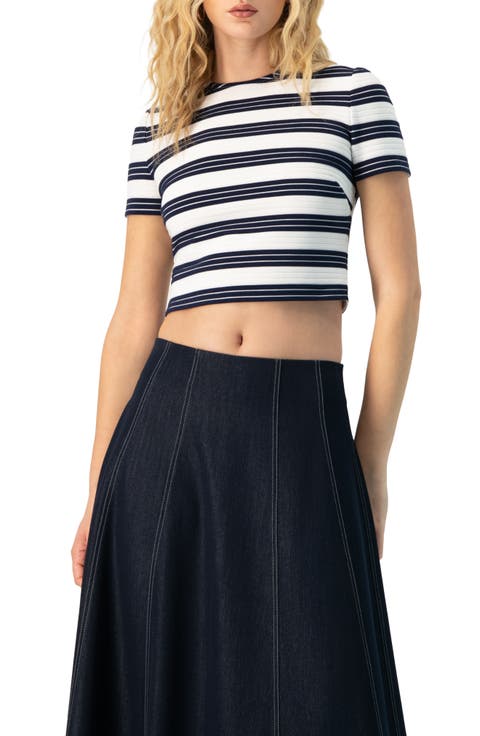 Striped Short Sleeve Round Neck Crop Top