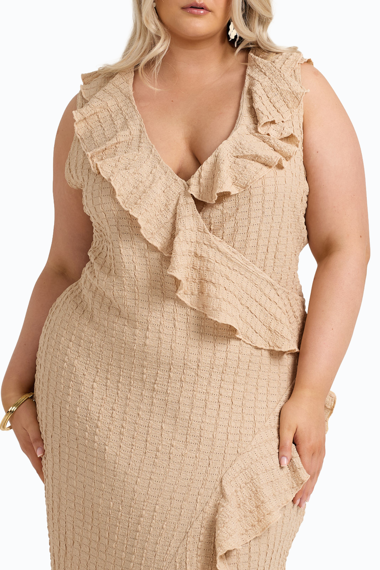 Ruffle Wrap Sleeveless Midi Dress, Alternate, color, Stone
