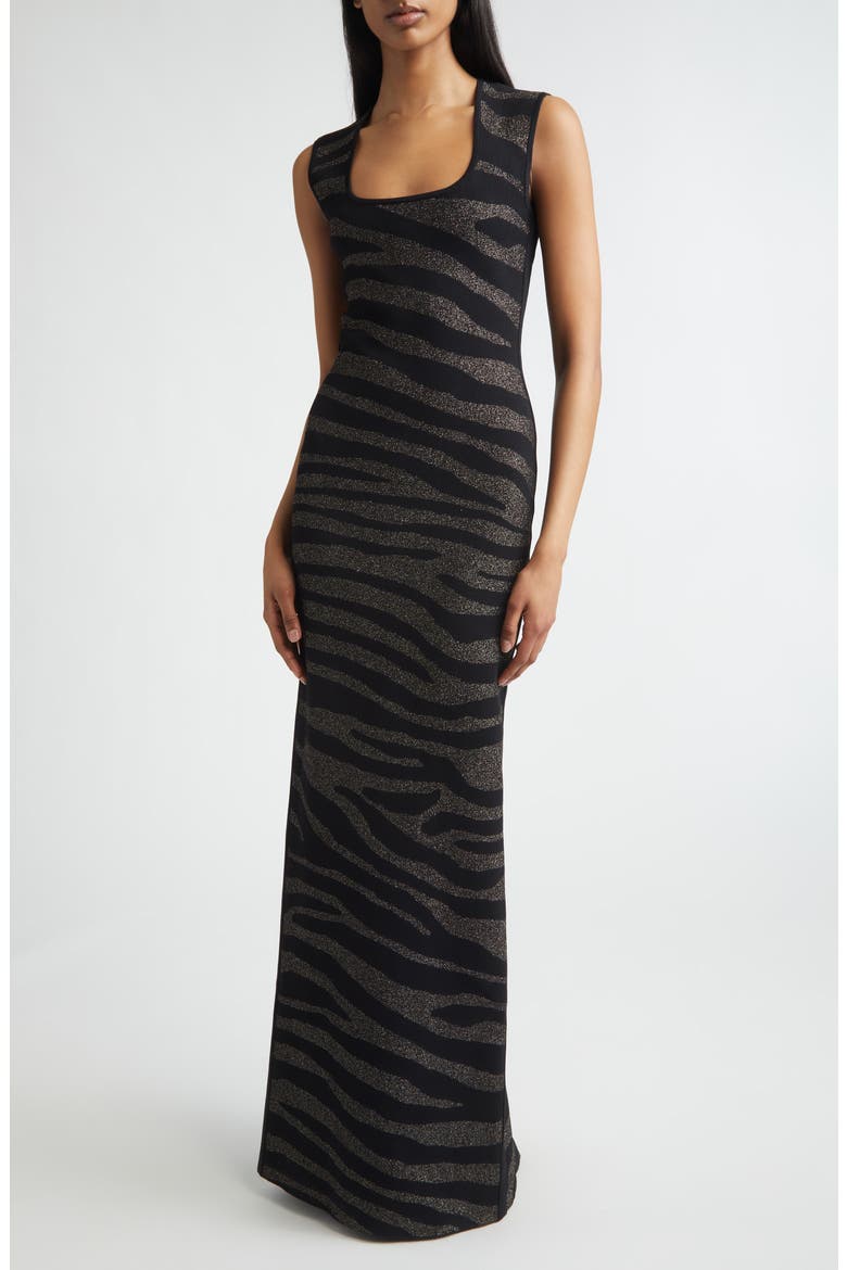 Lynn Metallic Zebra Jacquard Sweater Dress, Main, color, BLACK/ GOLD METALLIC