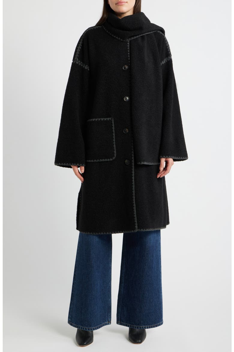 Embroidered Bouclé Coat with Scarf, Main, color, BLACK