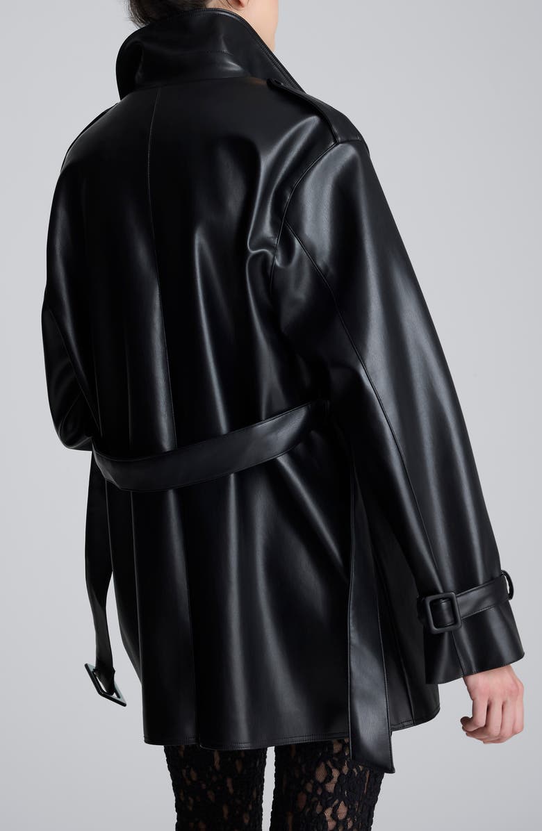 Kenneth Cole Double Breasted Faux Leather Trench Coat, Alternate, color, Black