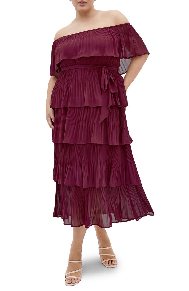City Chic Night Garden Tiered Release Pleat Off the Shoulder Maxi Dress, Main, color, Red Burgundy